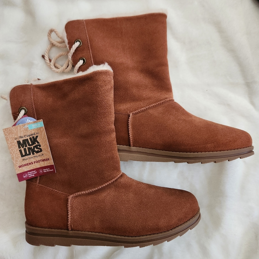 NWT Muk Luks Women's Ziggy Rodeo Suede Winter Boots - Cognac, Sz 11 High/low Top
